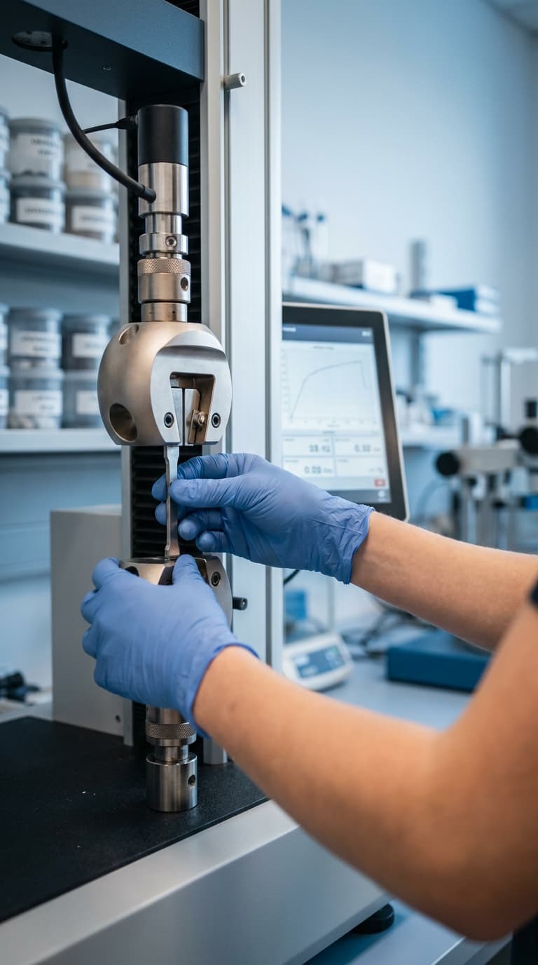 Eine Person mit blauen Handschuhen spannt eine Metallprobe in eine Zugprüfmaschine im Labor ein.
