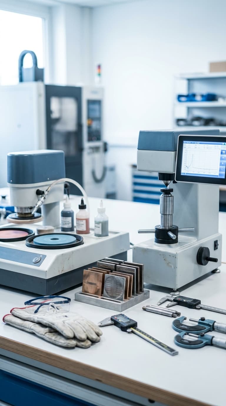Geräte zur Werkstoffprüfung mit Härteprüfer, Schleifmaschine, Messschiebern und Metallproben auf einem Labortisch.