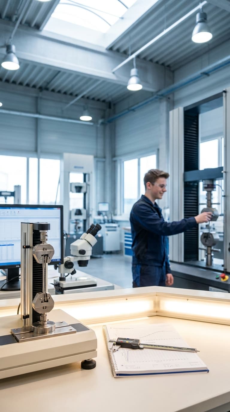 Ein Lehrling bedient eine Zugprüfmaschine im Labor, im Vordergrund liegt ein digitaler Messschieber.