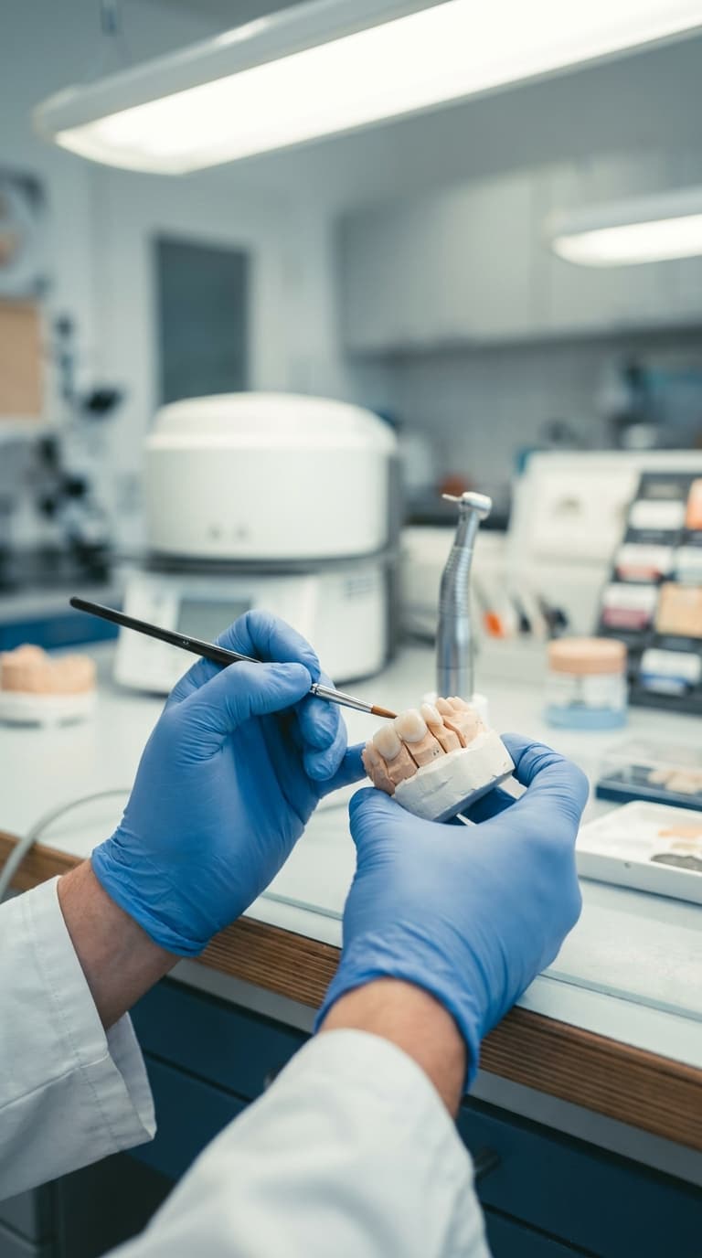 Zahntechniker mit blauen Handschuhen bearbeitet ein Zahnmodell mit einem feinen Pinsel.