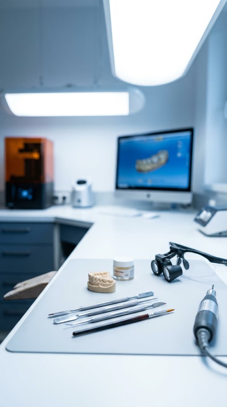 Zahnmodell, Modellierwerkzeuge und Lupenbrille auf einem Labortisch in einem zahntechnischen Labor.