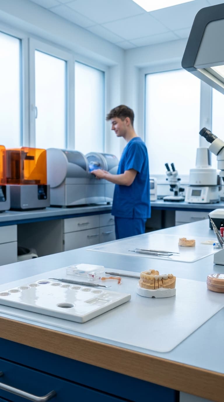 Ein Zahntechniker bedient ein Gerät im Labor, im Vordergrund liegen Zahnmodelle auf der Arbeitsplatte.