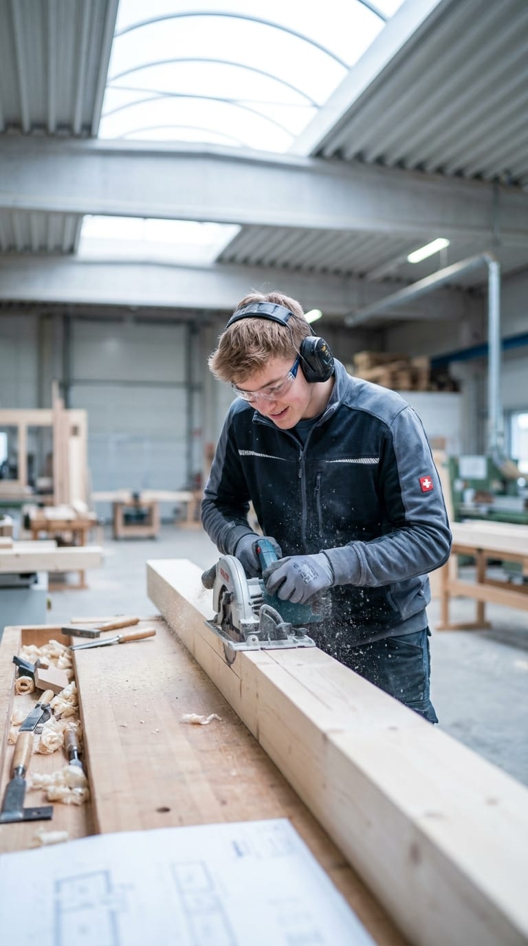 Ein Zimmermanns-Lehrling sägt mit einer Handkreissäge einen Holzbalken in einer Werkstatt.