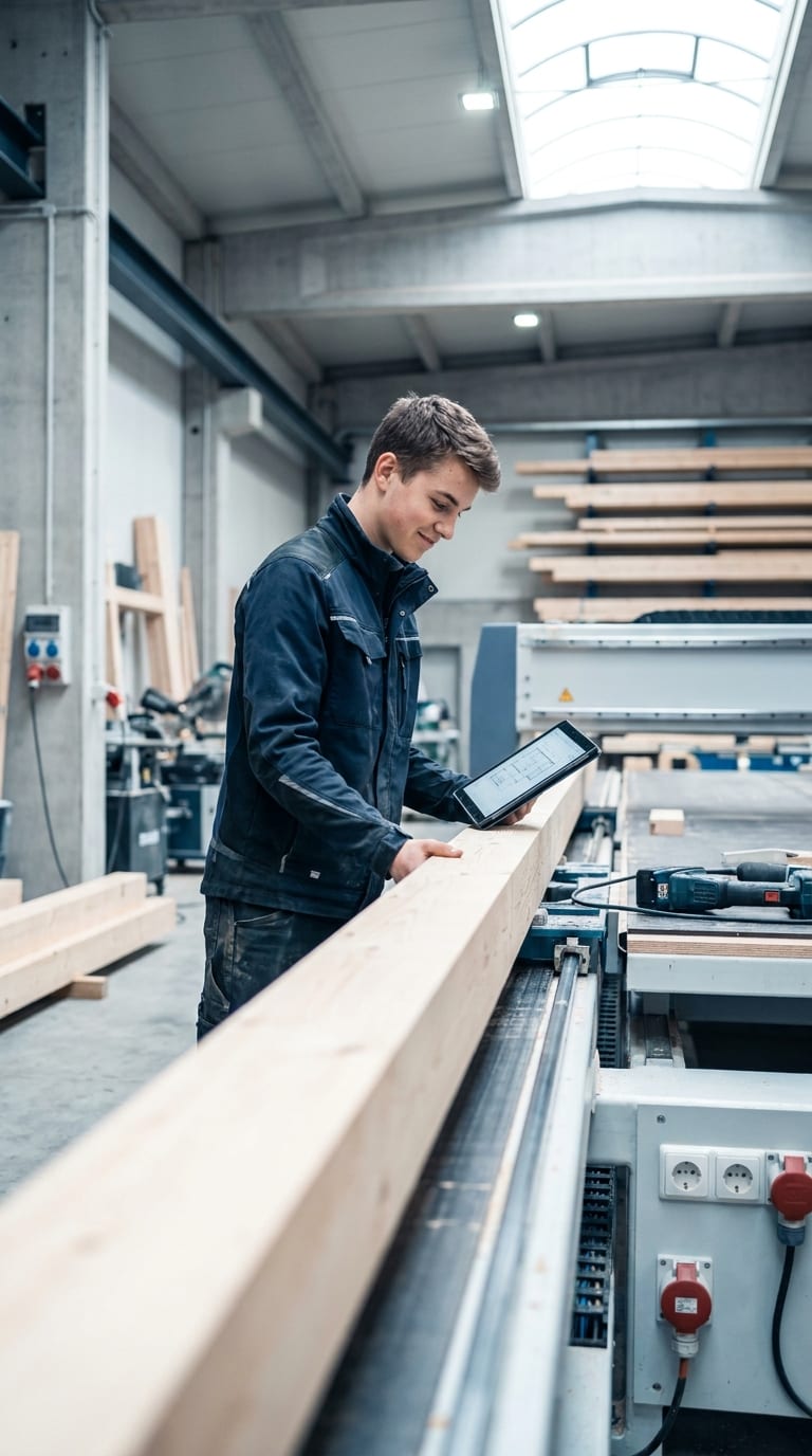 Ein angehender Zimmerer prüft einen Holzbalken an einer Maschine mit einem Tablet in einer Werkstatt.